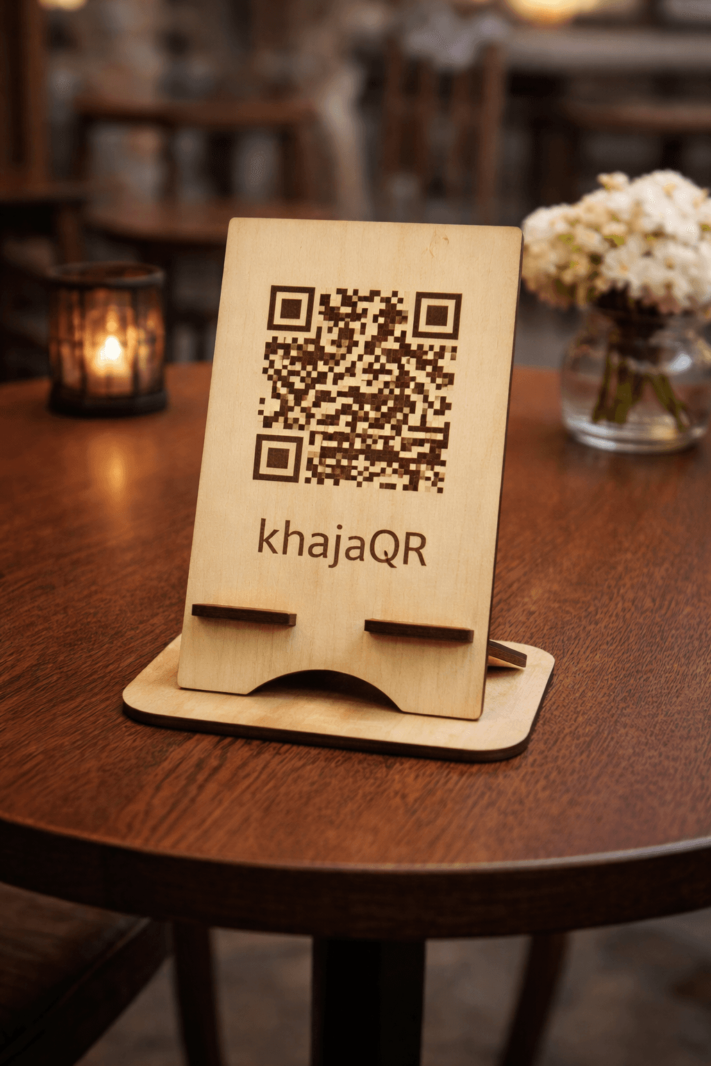 KhajaQR premium wooden stand on cafe table